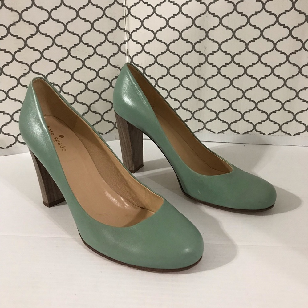 Kate Spade Mint Green Leather Block Heel Pumps Size 9B